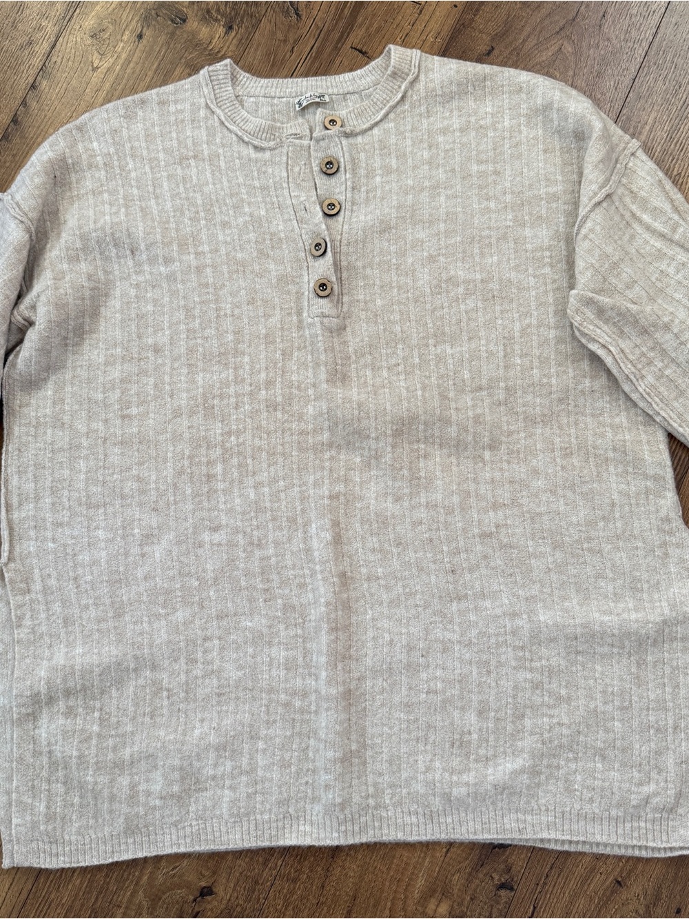 Free People Intimately Soft Cream Ribbed Henley Sweater with Wood Buttons